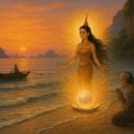 Pearl spirit emerges from glowing pearl in southern Thai coastal waters, fishermen and villagers watching respectfully at sunset.