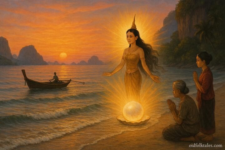 Pearl spirit emerges from glowing pearl in southern Thai coastal waters, fishermen and villagers watching respectfully at sunset.
