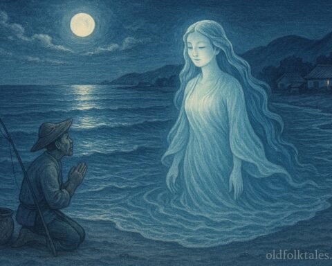 A glowing Sea Mother spirit emerges from moonlit waves to speak to a fisherman on the shore.