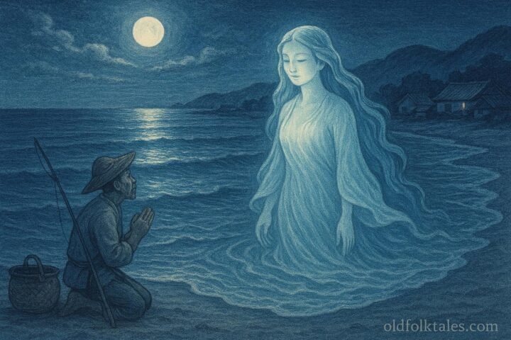 A glowing Sea Mother spirit emerges from moonlit waves to speak to a fisherman on the shore.