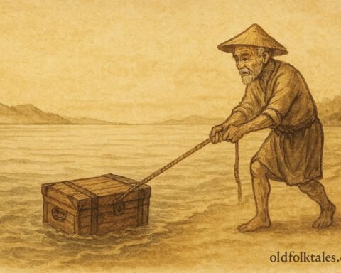 Parchment-style artwork of an elderly fisherman finding a chest, Kuwaiti coastal folktale scene.