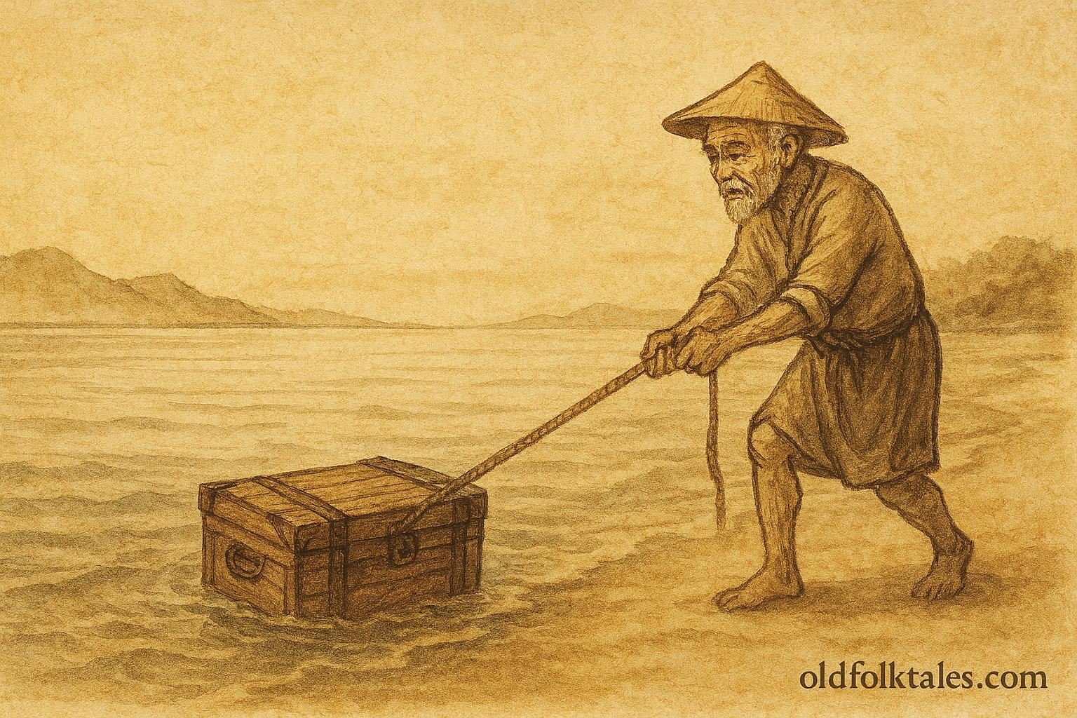 Parchment-style artwork of an elderly fisherman finding a chest, Kuwaiti coastal folktale scene.
