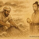 Parchment-style artwork of Ahmed meeting Khidr by the sea, Bahraini Islamic folktale.