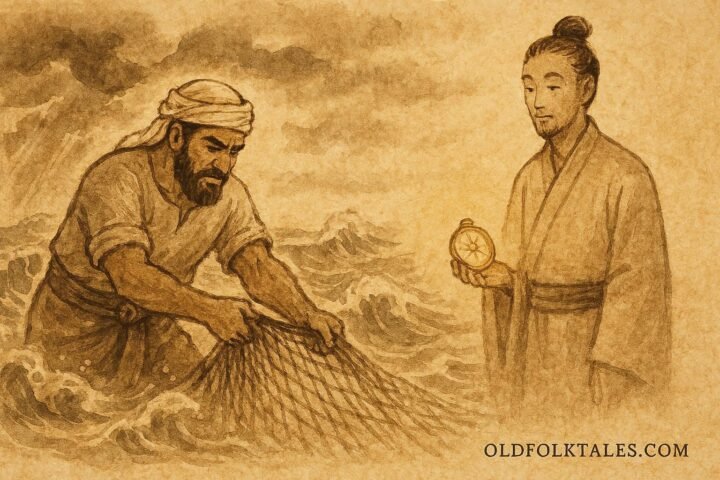 Parchment-style artwork of Ahmed meeting Khidr by the sea, Bahraini Islamic folktale.