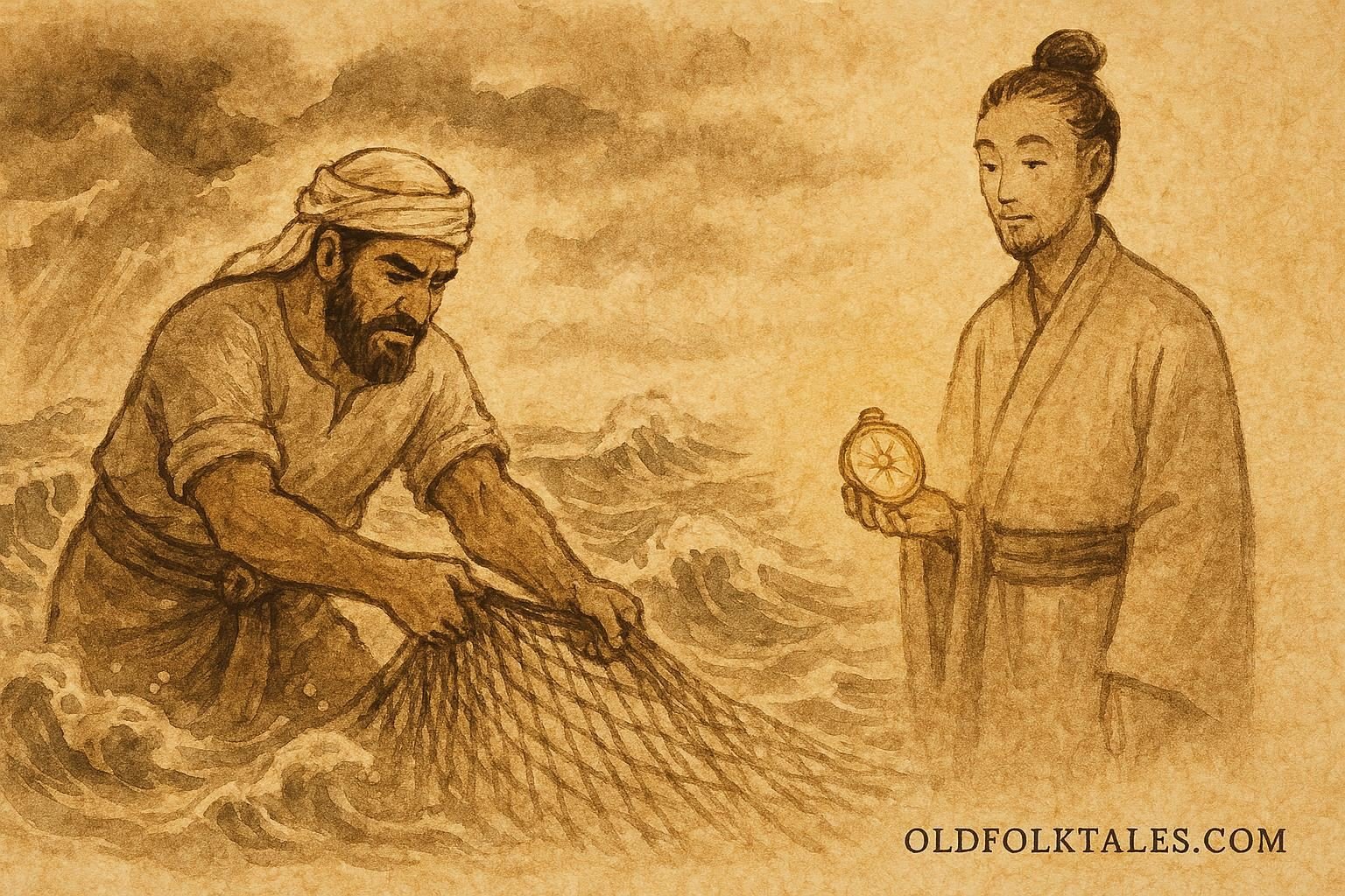 Parchment-style artwork of Ahmed meeting Khidr by the sea, Bahraini Islamic folktale.