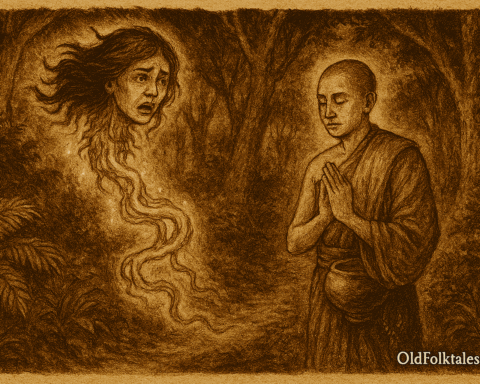 Sepia-toned parchment-style illustration of The Young Monk and the Drifting Head. It captures the mystical moment when Vanna, the novice monk, offers compassion to the cursed krasu spirit in the moonlit Cambodian forest. The glowing entrails shift from eerie green to warm gold as the spirit finds peace, and a white lotus floats above the path. The inscription OldFolktales.com appears at the bottom right.