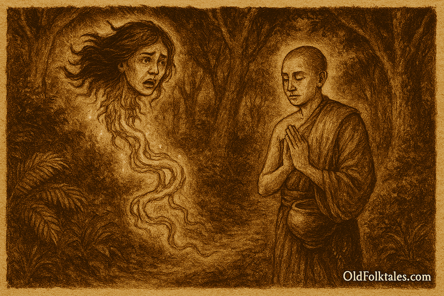 Sepia-toned parchment-style illustration of The Young Monk and the Drifting Head. It captures the mystical moment when Vanna, the novice monk, offers compassion to the cursed krasu spirit in the moonlit Cambodian forest. The glowing entrails shift from eerie green to warm gold as the spirit finds peace, and a white lotus floats above the path. The inscription OldFolktales.com appears at the bottom right.