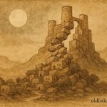 Parchment style artwork of stones building a fort in Nizwa, Omani folktale scene.