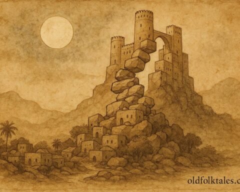 Parchment style artwork of stones building a fort in Nizwa, Omani folktale scene.