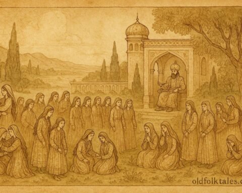 Parchment-style artwork of forty girls facing trials in an Uzbek folktale.
