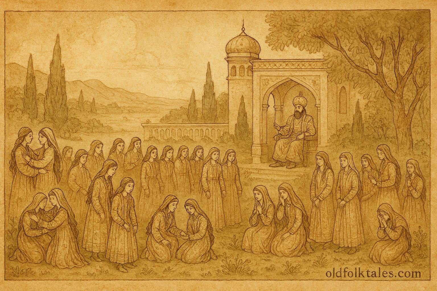 Parchment-style artwork of forty girls facing trials in an Uzbek folktale.