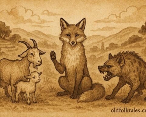 Parchment-style artwork of the wise fox judging the hyena and goat in a Yemeni mountain folktale.