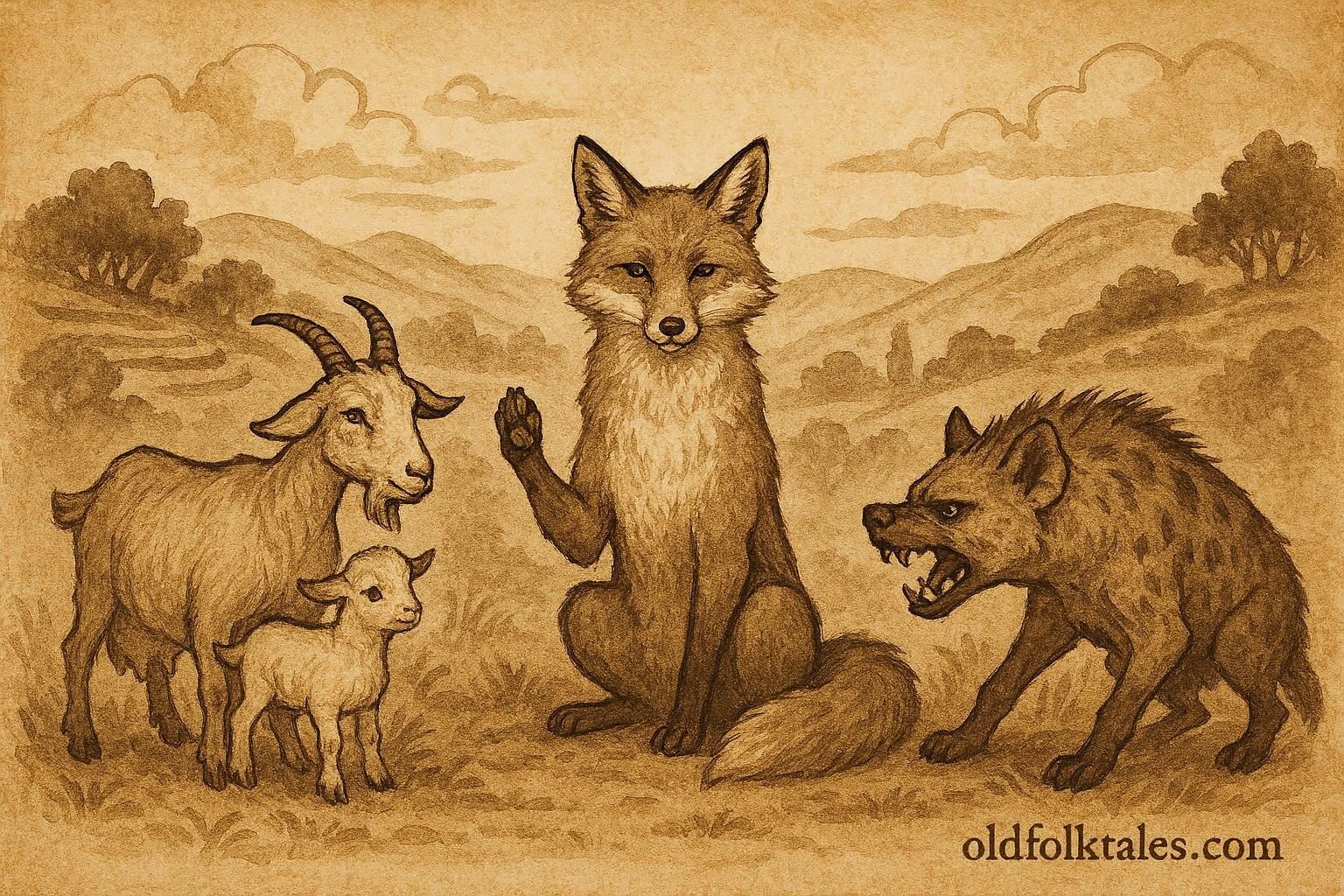 Parchment-style artwork of the wise fox judging the hyena and goat in a Yemeni mountain folktale.