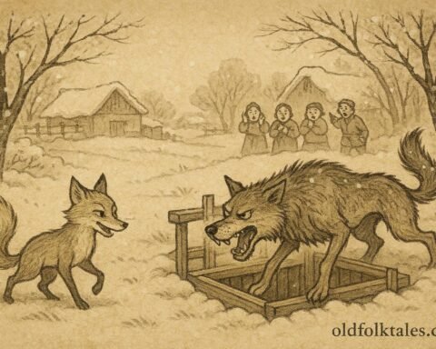 Parchment-style illustration of a fox tricking a wolf in snowy Afghan farmland, Herat folktale scene.