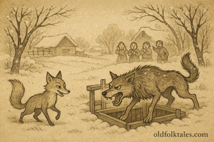 Parchment-style illustration of a fox tricking a wolf in snowy Afghan farmland, Herat folktale scene.
