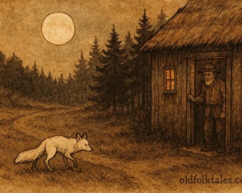 A white fox leaving a farmer by his cottage under moonlight, Japanese kitsune tale.