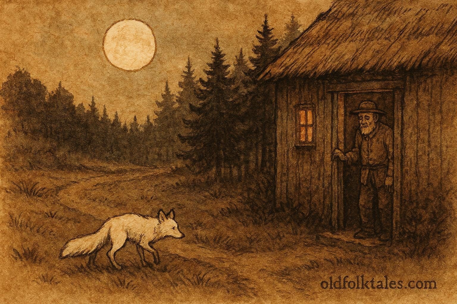 A white fox leaving a farmer by his cottage under moonlight, Japanese kitsune tale.