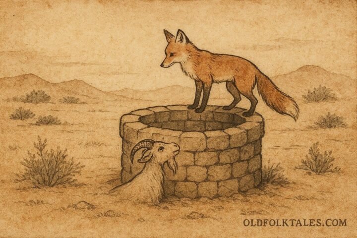 Parchment-style illustration of a fox escaping a well while a goat remains trapped in an Emirati folktale.