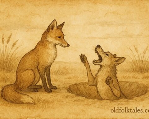 Parchment-style artwork of a fox outwitting a jackal, Uzbek animal folktale scene.