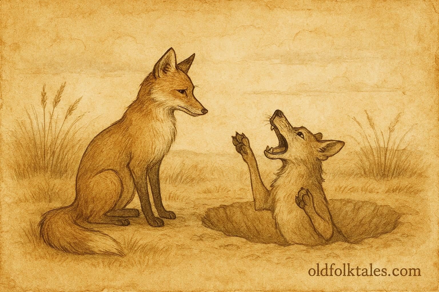 Parchment-style artwork of a fox outwitting a jackal, Uzbek animal folktale scene.
