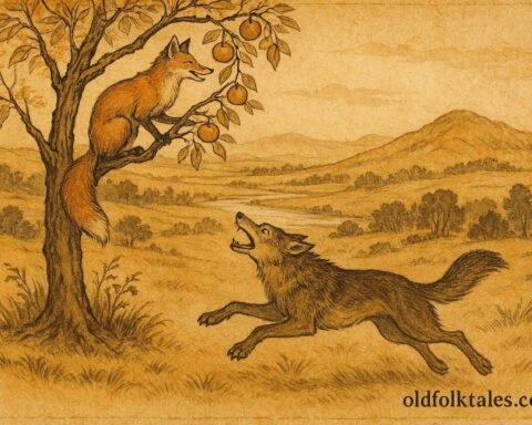 Parchment-style illustration of clever fox gathering fruit above a proud wolf, Kazakh folklore scene.