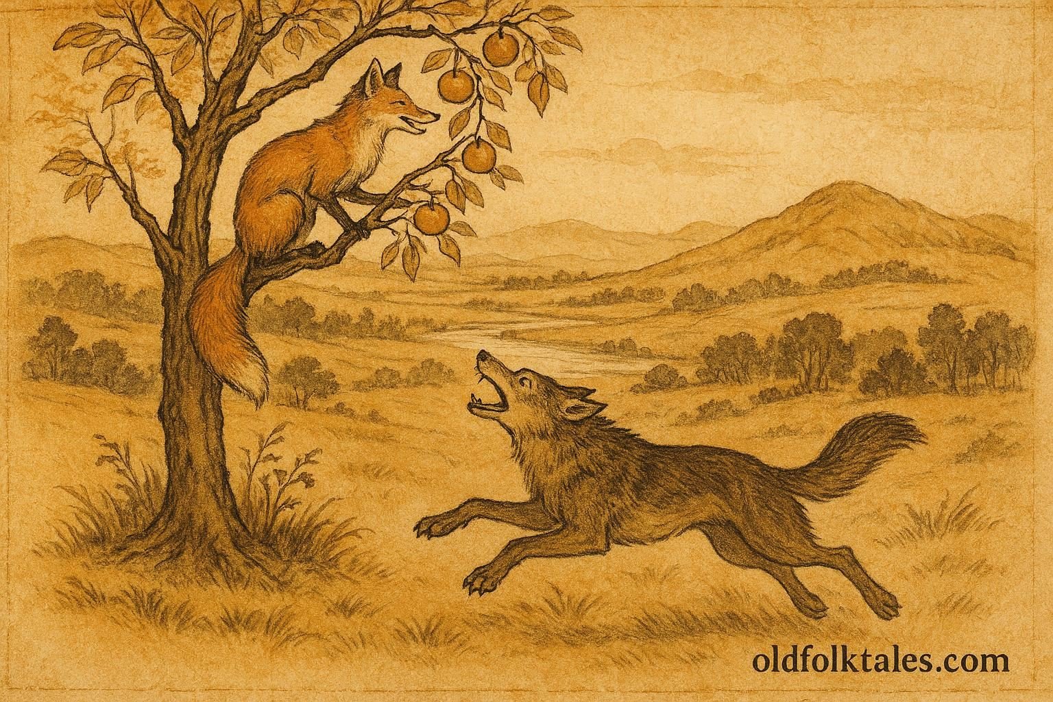 Parchment-style illustration of clever fox gathering fruit above a proud wolf, Kazakh folklore scene.