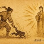 Parchment-style illustration of the Frog Prince transforming in a Sinhalese folktale scene.