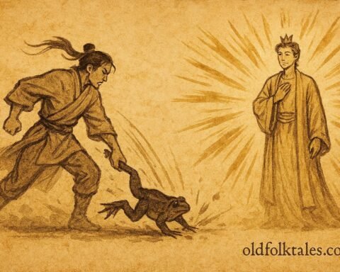 Parchment-style illustration of the Frog Prince transforming in a Sinhalese folktale scene.