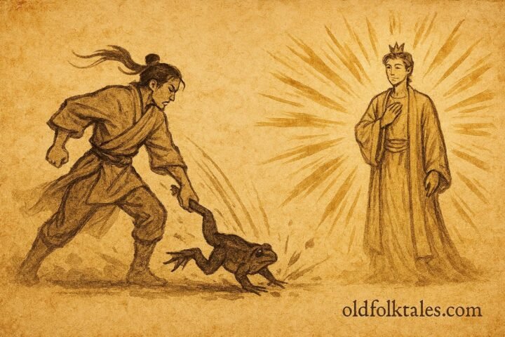 Parchment-style illustration of the Frog Prince transforming in a Sinhalese folktale scene.