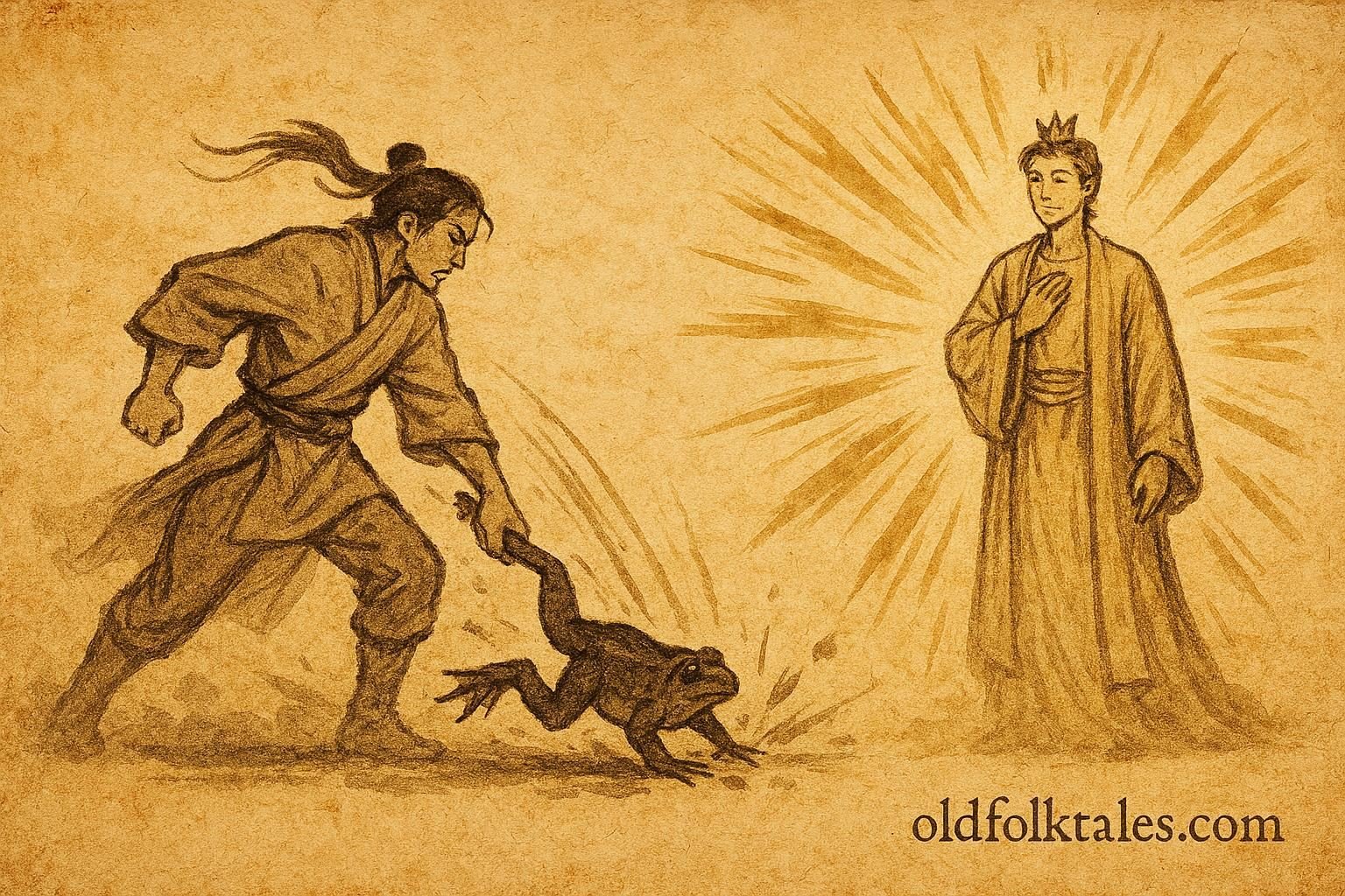 Parchment-style illustration of the Frog Prince transforming in a Sinhalese folktale scene.