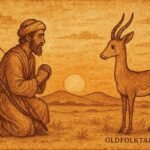 Parchment-style illustration of a hunter recognizing the gazelle-woman, Israeli Jewish folktale scene.