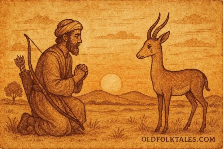 Parchment-style illustration of a hunter recognizing the gazelle-woman, Israeli Jewish folktale scene.