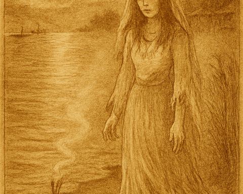 Sepia-toned illustration of a ghostly bride in a tattered wedding dress standing at the moonlit shore of Changi Beach. Her long dark hair flows around her pale, sorrowful face as she gazes out to sea. Offerings of flowers and incense rest on the sand beside her. The Johor Strait shimmers under a full moon, with misty fishing boats and kampong huts in the background. “OldFolktales.com” is inscribed in the bottom right corner.
