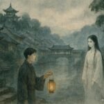 A young man and a gentle ghost bride standing by a misty river in Fengdu, symbolizing compassion and harmony between the living and the dead.