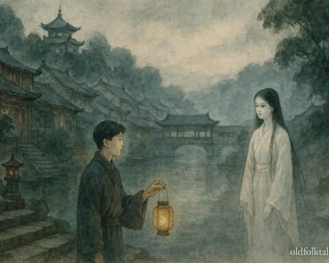 A young man and a gentle ghost bride standing by a misty river in Fengdu, symbolizing compassion and harmony between the living and the dead.