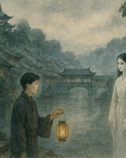 A young man and a gentle ghost bride standing by a misty river in Fengdu, symbolizing compassion and harmony between the living and the dead.