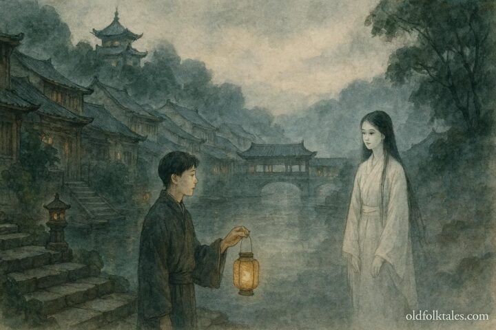 A young man and a gentle ghost bride standing by a misty river in Fengdu, symbolizing compassion and harmony between the living and the dead.