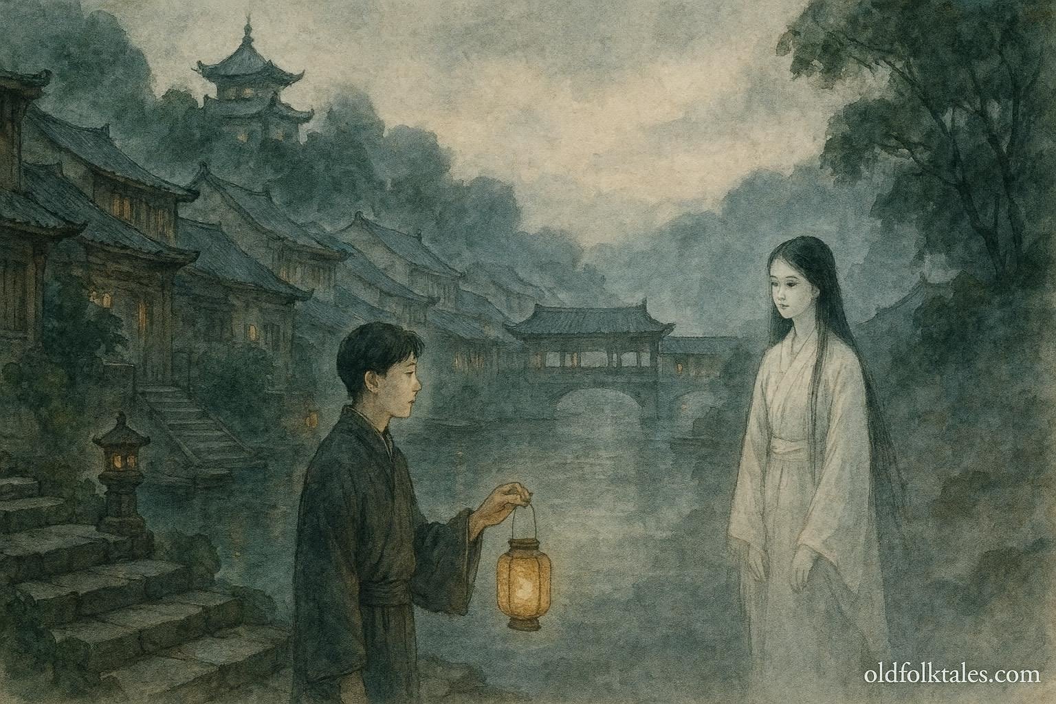 A young man and a gentle ghost bride standing by a misty river in Fengdu, symbolizing compassion and harmony between the living and the dead.