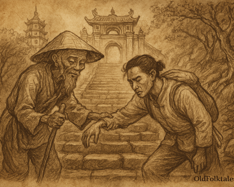 Sepia-toned illustration on aged parchment shows a weary pilgrim climbing the steep stone steps of Vietnam’s Perfume Pagoda. He is assisted by a humble old man in faded peasant clothes and a conical nón lá hat, who gently offers his bamboo walking stick and support. The pilgrim bows his head in exhaustion and gratitude. Behind them, the ancient temple gate and multi-tiered pagoda rise through misty mountain foliage. “OldFolktales.com” is inscribed in the bottom right corner.