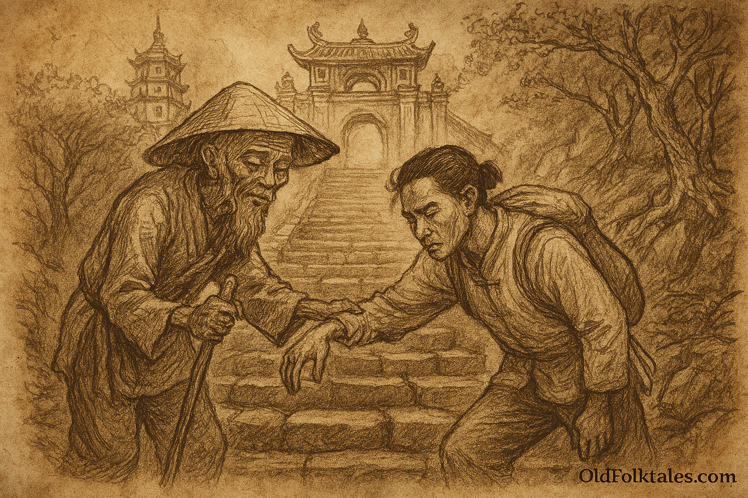 Sepia-toned illustration on aged parchment shows a weary pilgrim climbing the steep stone steps of Vietnam’s Perfume Pagoda. He is assisted by a humble old man in faded peasant clothes and a conical nón lá hat, who gently offers his bamboo walking stick and support. The pilgrim bows his head in exhaustion and gratitude. Behind them, the ancient temple gate and multi-tiered pagoda rise through misty mountain foliage. “OldFolktales.com” is inscribed in the bottom right corner.
