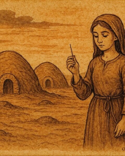 Parchment-style artwork of Fatima confronting a ghoul among burial mounds, Bahraini folktale scene.