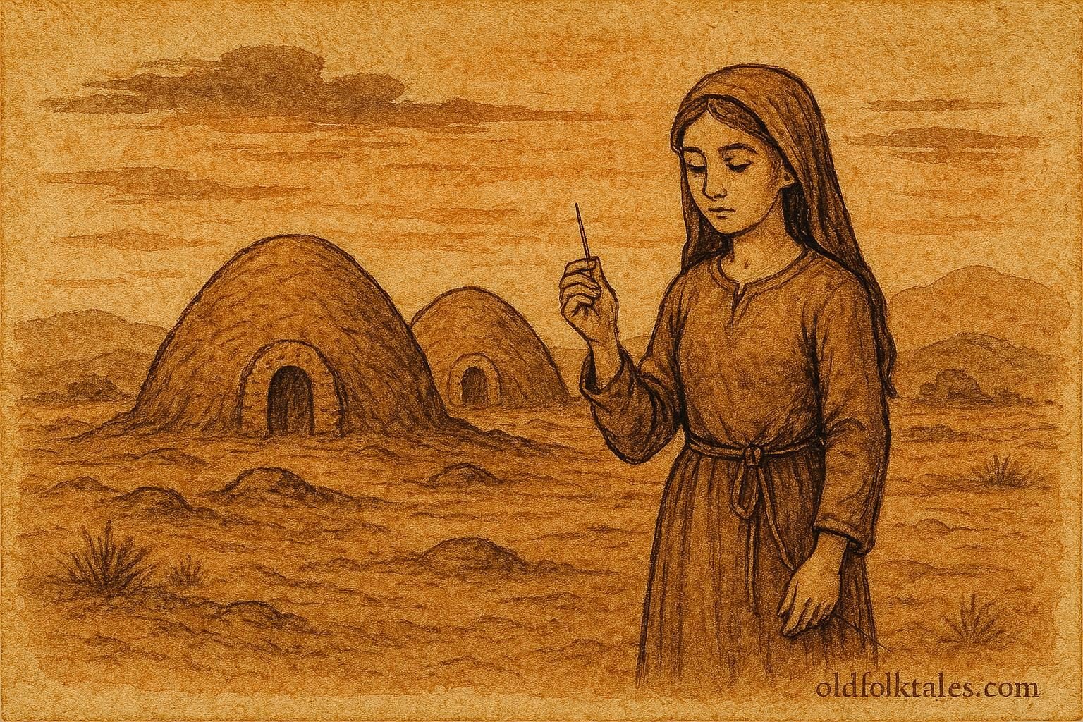 Parchment-style artwork of Fatima confronting a ghoul among burial mounds, Bahraini folktale scene.