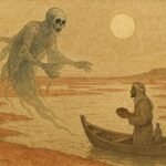 Parchment-style artwork of fisherman Mansour confronting a ghost on Uqair salt flats, Saudi Arabian folktale scene