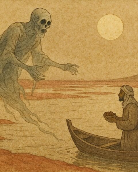 Parchment-style artwork of fisherman Mansour confronting a ghost on Uqair salt flats, Saudi Arabian folktale scene