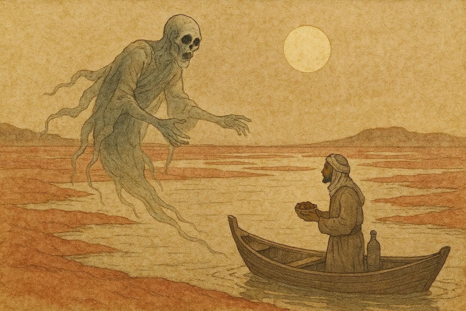Parchment-style artwork of fisherman Mansour confronting a ghost on Uqair salt flats, Saudi Arabian folktale scene