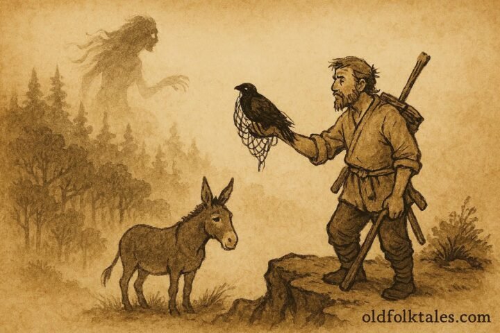 Parchment-style illustration of woodcutter trapping the soul-bird, from a Jordanian Ghoula folktale.