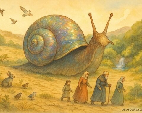 A giant mystical snail guides Hakka villagers to a hidden spring through dry fields, reviving the land.