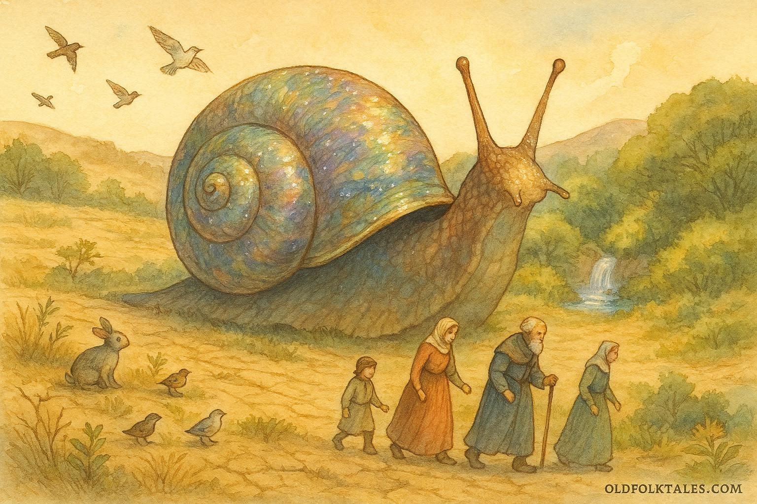 A giant mystical snail guides Hakka villagers to a hidden spring through dry fields, reviving the land.