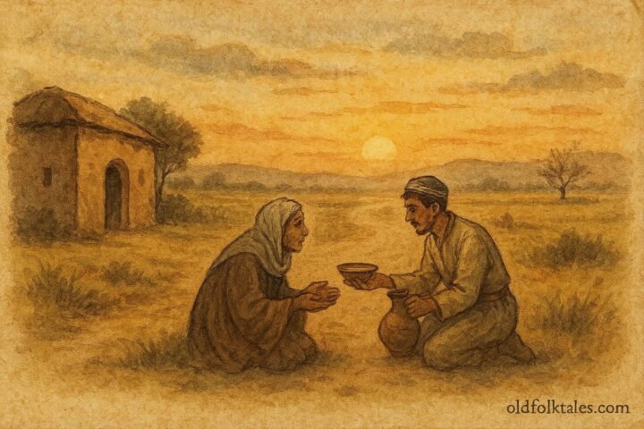 Parchment-style artwork of a villager aiding an old woman, Uzbek folktale scene.