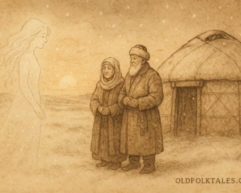 Parchment-style illustration of the Snow Girl on the Kazakh winter steppe.